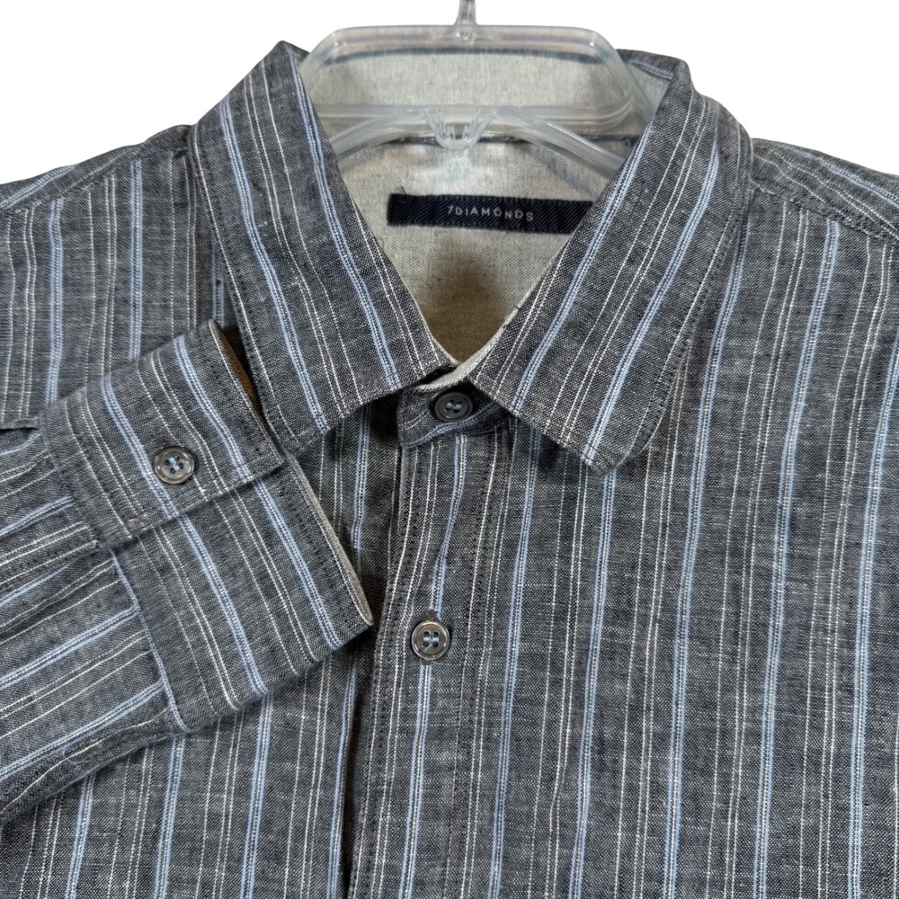 7 Diamonds Button Down Shirt Mens Medium Striped Linen Cotton Long Sleeve